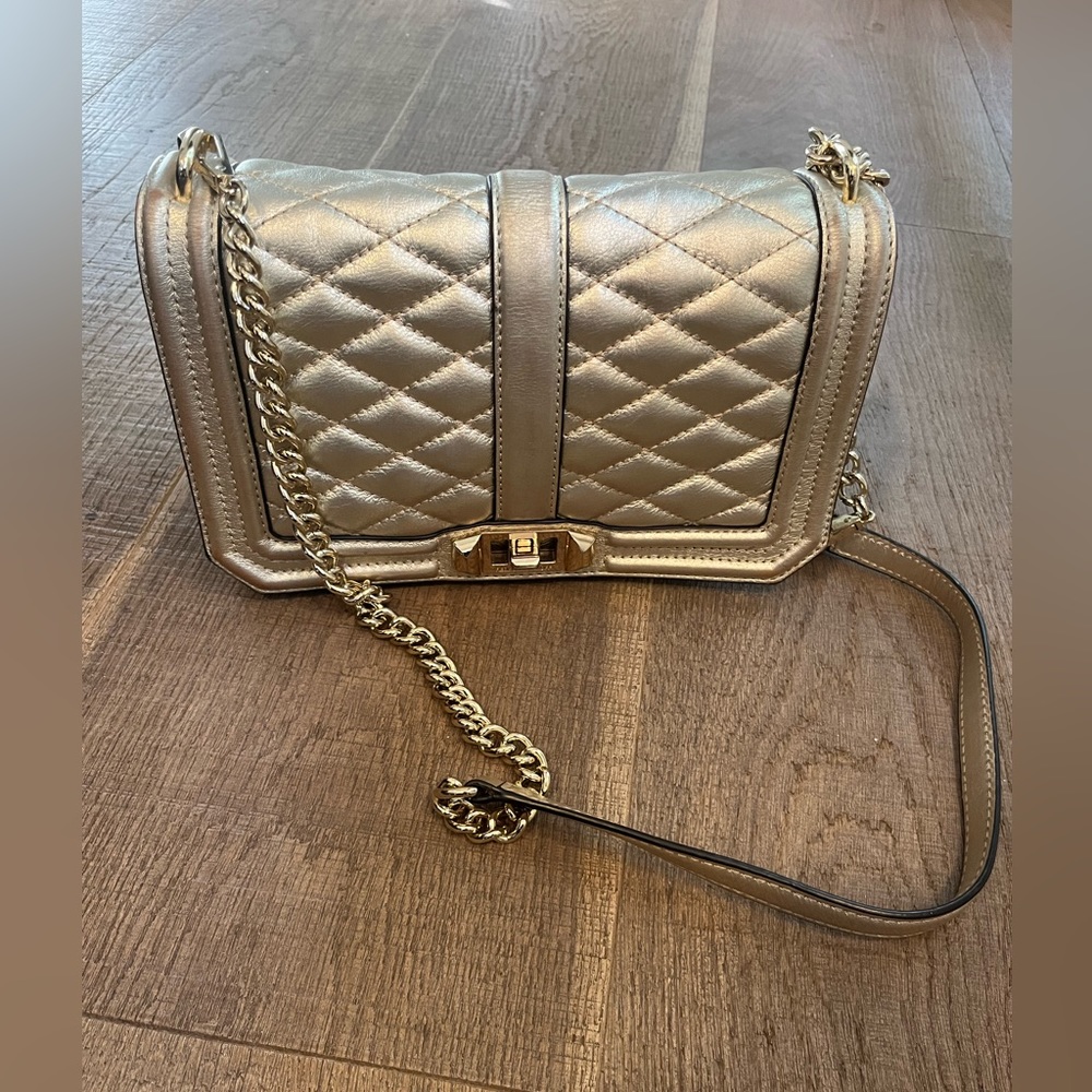 Rebecca Minkoff Chevron Quilted Love Leather Crossbody Handbag Gold
